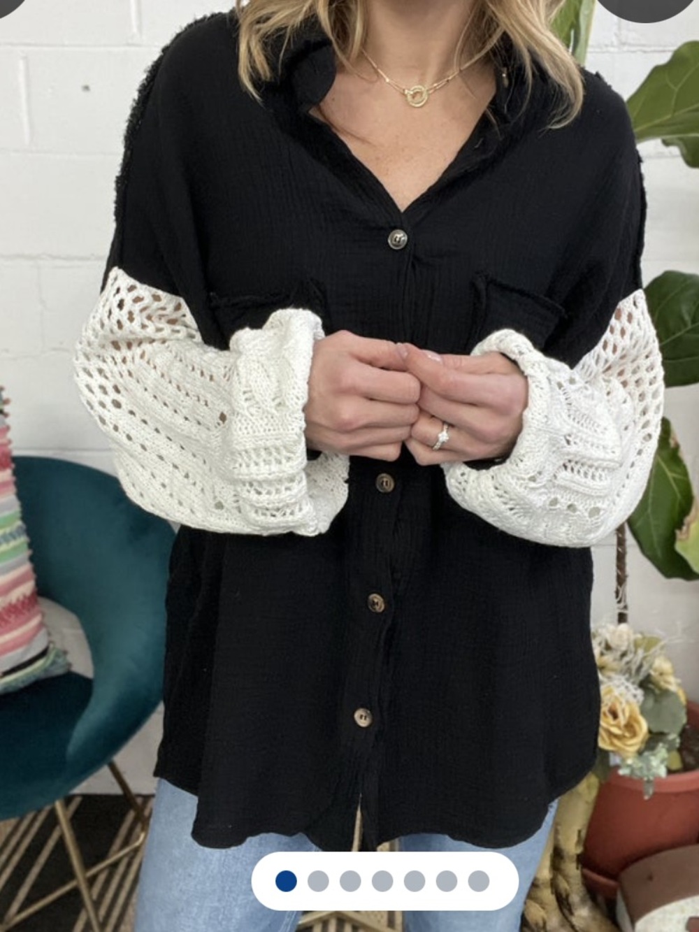 POL Smooth Sailing Crochet Sleeve Gauze Button-Down Shirt in Black M